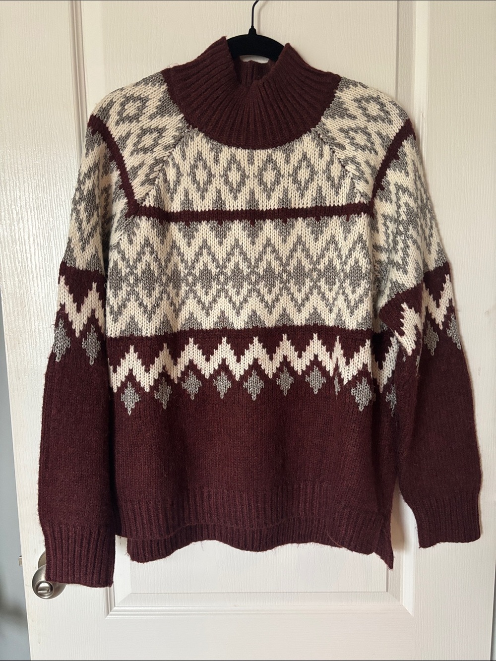 Lucky Brand Burgundy and Cream Fair Isle Turtleneck Sweater
